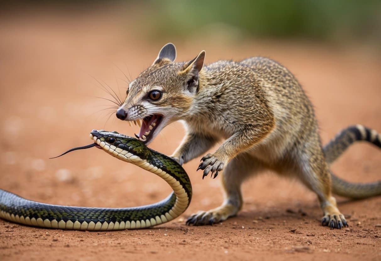 Uma mangusta salta rapidamente sobre uma cobra, seus dentes afiados cravando-se no corpo da serpente enquanto se defende ferozmente.