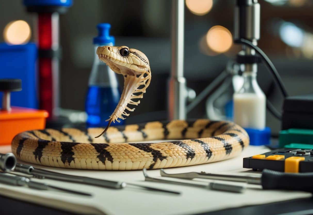 Um esqueleto de cobra cercado por equipamentos científicos e ferramentas para preservação e cuidado