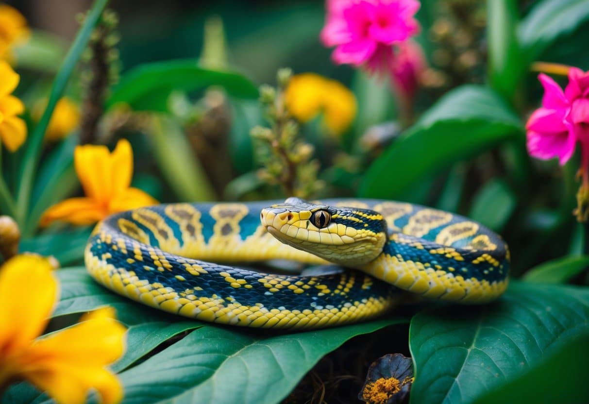 Uma ilustração colorida de uma cobra inofensiva enrolada pacificamente entre a flora e fauna brasileiras