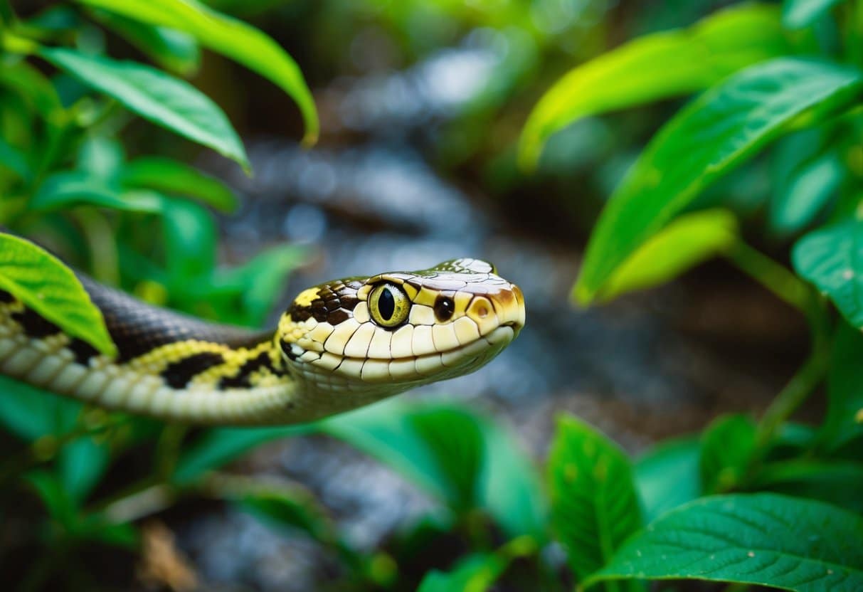 O olho de uma cobra cercado por folhagem verde exuberante, com um pequeno riacho passando ao fundo.