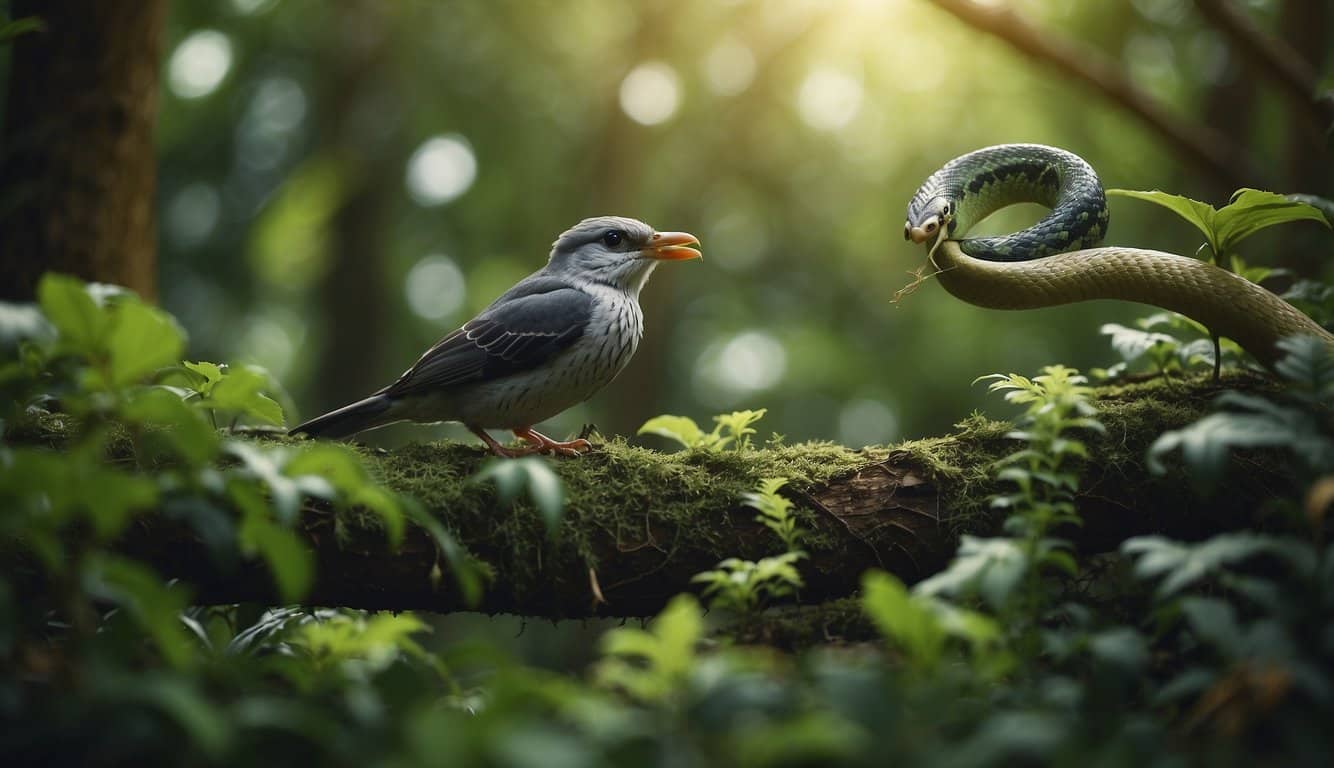 A Cantiga Dos Pássaros E Das Serpentes: O Que É E Qual É O Seu Significado 2 Birds and snakes in a lush forest, singing and slithering among vibrant foliage and winding vines