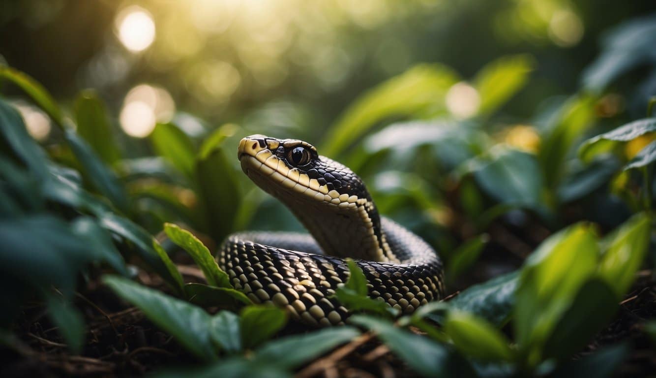 A rare snake slithers through dense foliage, its vibrant scales catching the sunlight. It cautiously navigates its habitat, wary of potential threats