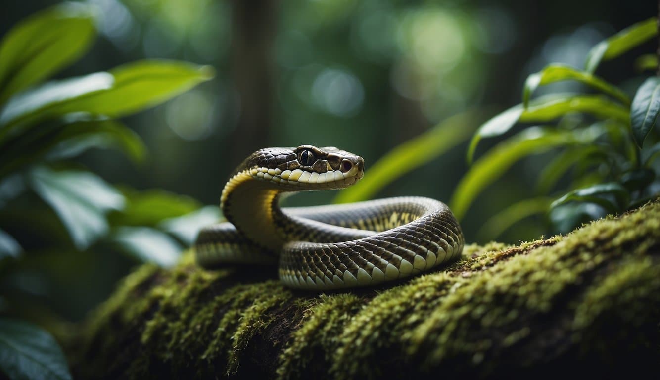 A Serpente Do Mundo: Significado E Origem Do Símbolo Na Mitologia 2 A snake slithers through a lush jungle, surrounded by vibrant flora and fauna