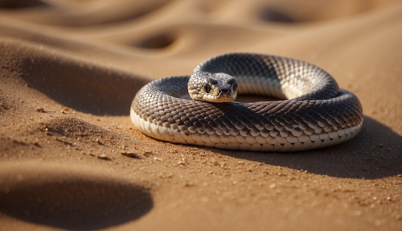 A desert landscape with a winding snake slithering through the sand, surrounded by stillness and solitude