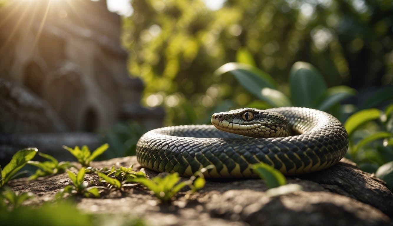 A coiled serpent slithers through a lush garden, its scales shimmering in the sunlight, as it winds its way around ancient ruins and mystical symbols