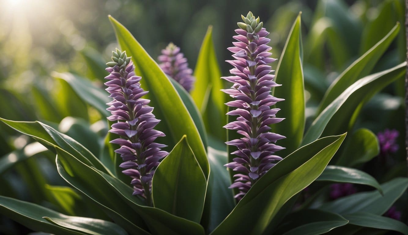 A snake plant with purple flowers and green leaves, symbolizing the medicinal benefits and properties of cobra basil