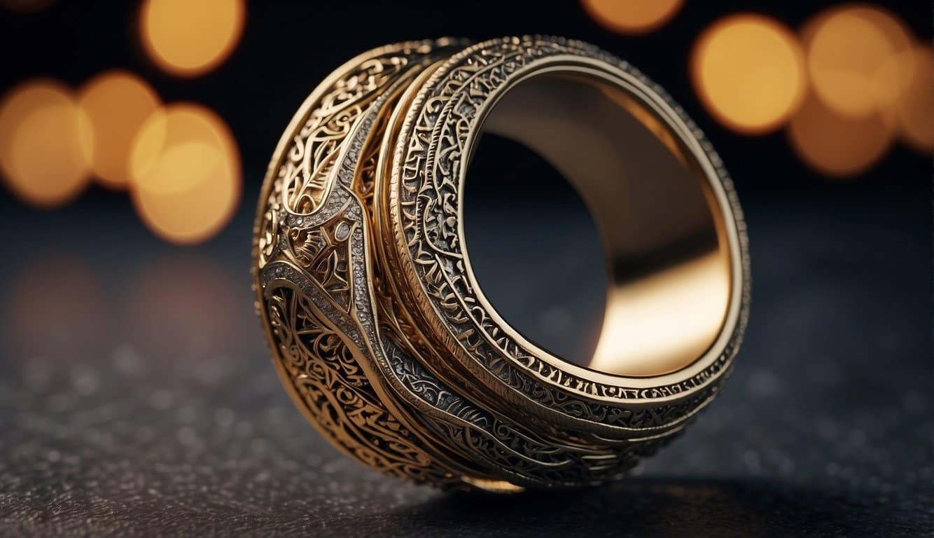 A coiled snake ring with intricate patterns, surrounded by mystical symbols and esoteric imagery