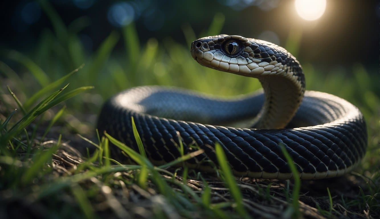 A cobra's energy integrates into daily life: slithering through grass, coiled around a tree, and shedding its skin under the moonlight