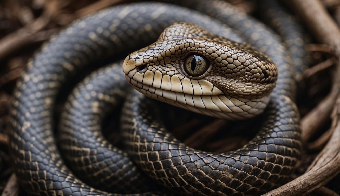 A coiled serpent with its tongue flicking out, surrounded by symbols of wisdom and transformation