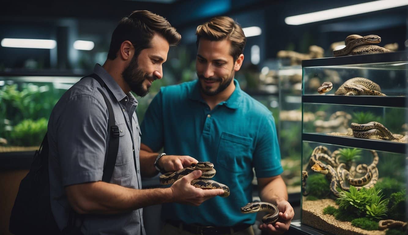 A person carefully selecting a snake's ideal aquarium from a variety of options in a pet store