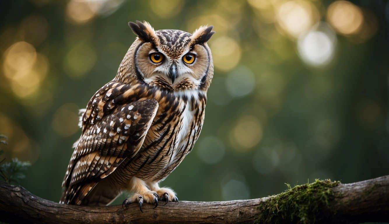A wise owl perched on a branch, observing the world with keen eyes, surrounded by swirling patterns of nature