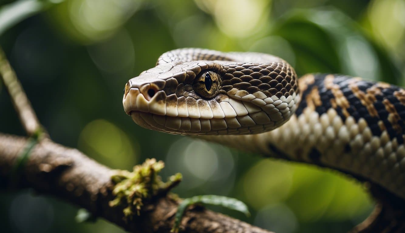 A snake with a variegated beard, coiled on a branch in a tropical forest