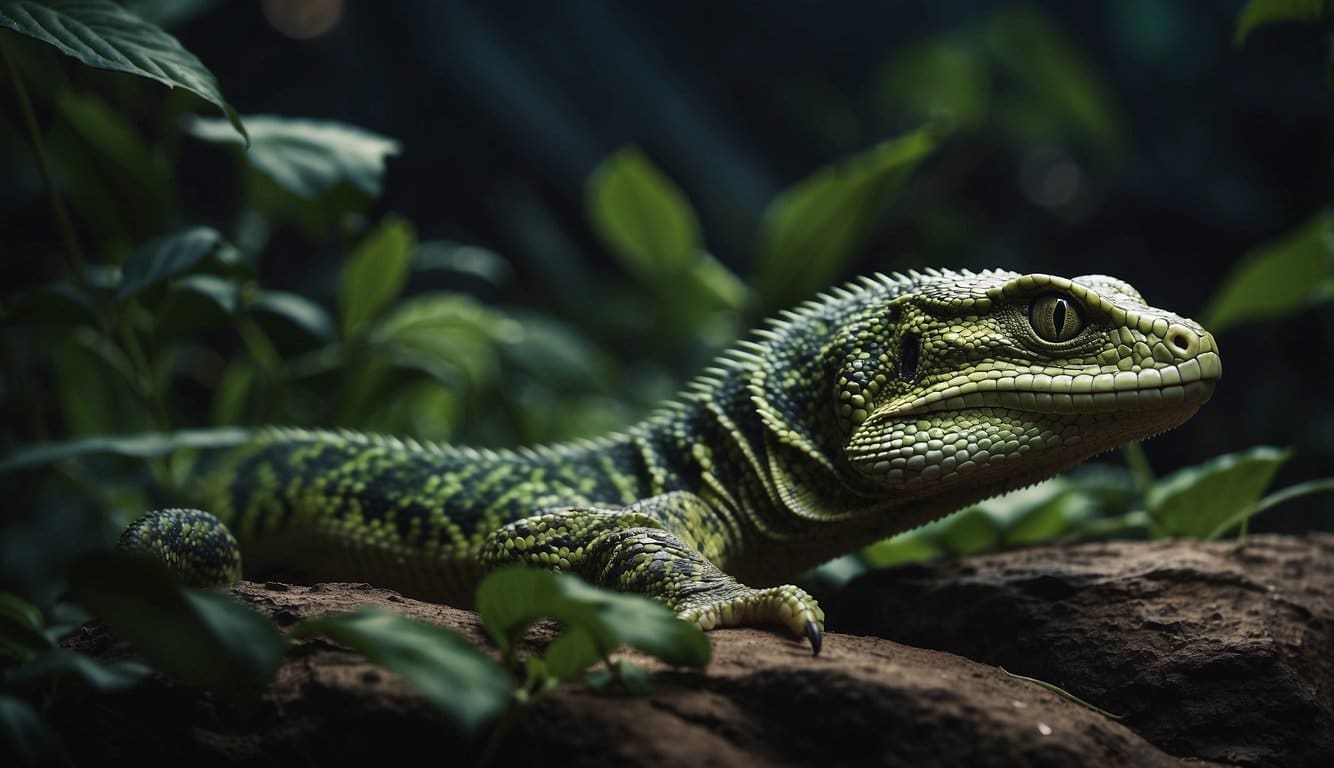 A basilisk snake emerges from ancient ruins, its scales shimmering in the moonlight as it slithers through overgrown vegetation