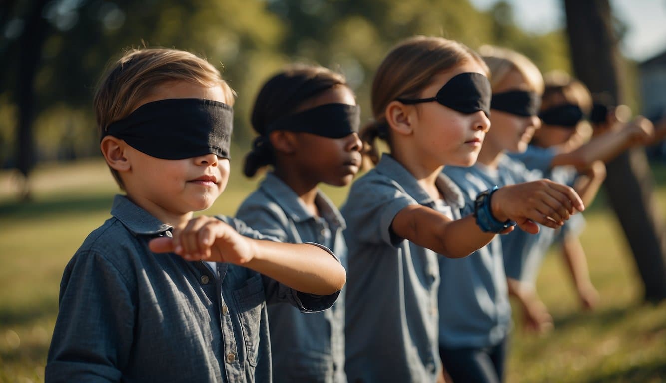 Children play blindfolded game outdoors, aiming to catch others