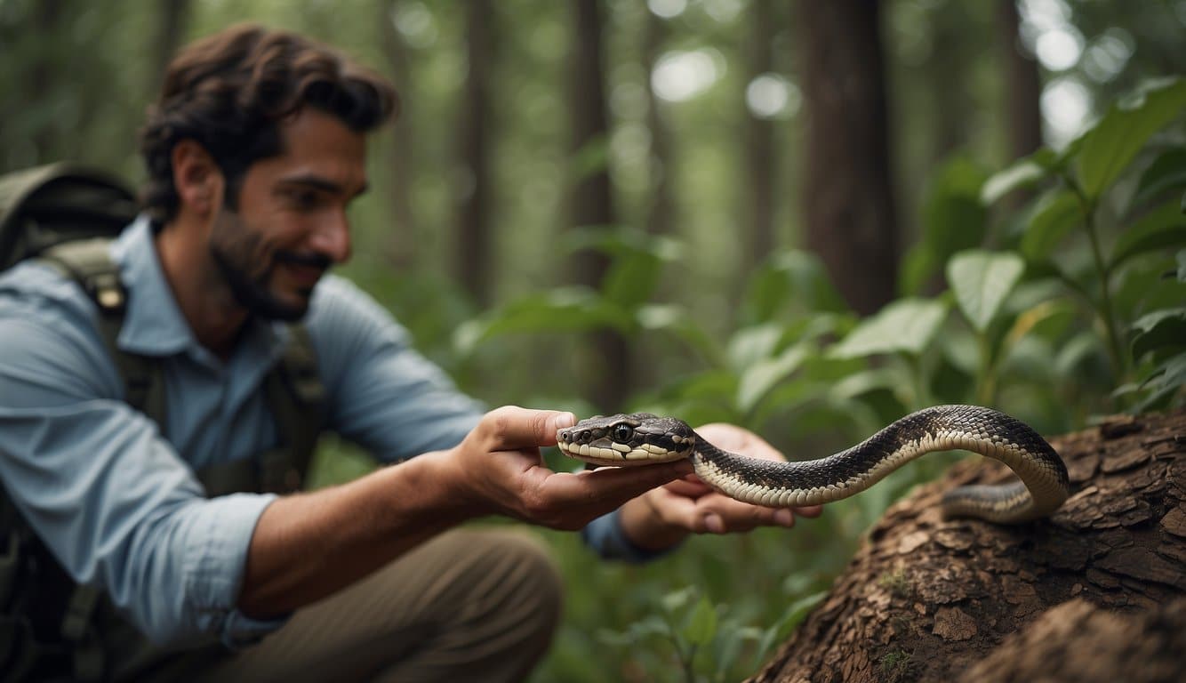 A snake conservationist educates, releasing a rescued snake into its natural habitat