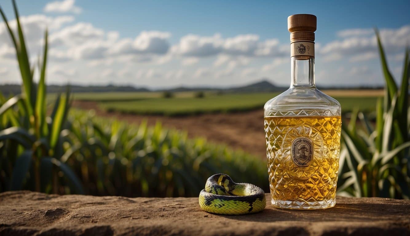 A bottle of cachaça with a snake coiled inside, set against a backdrop of sugarcane fields and a traditional distillery