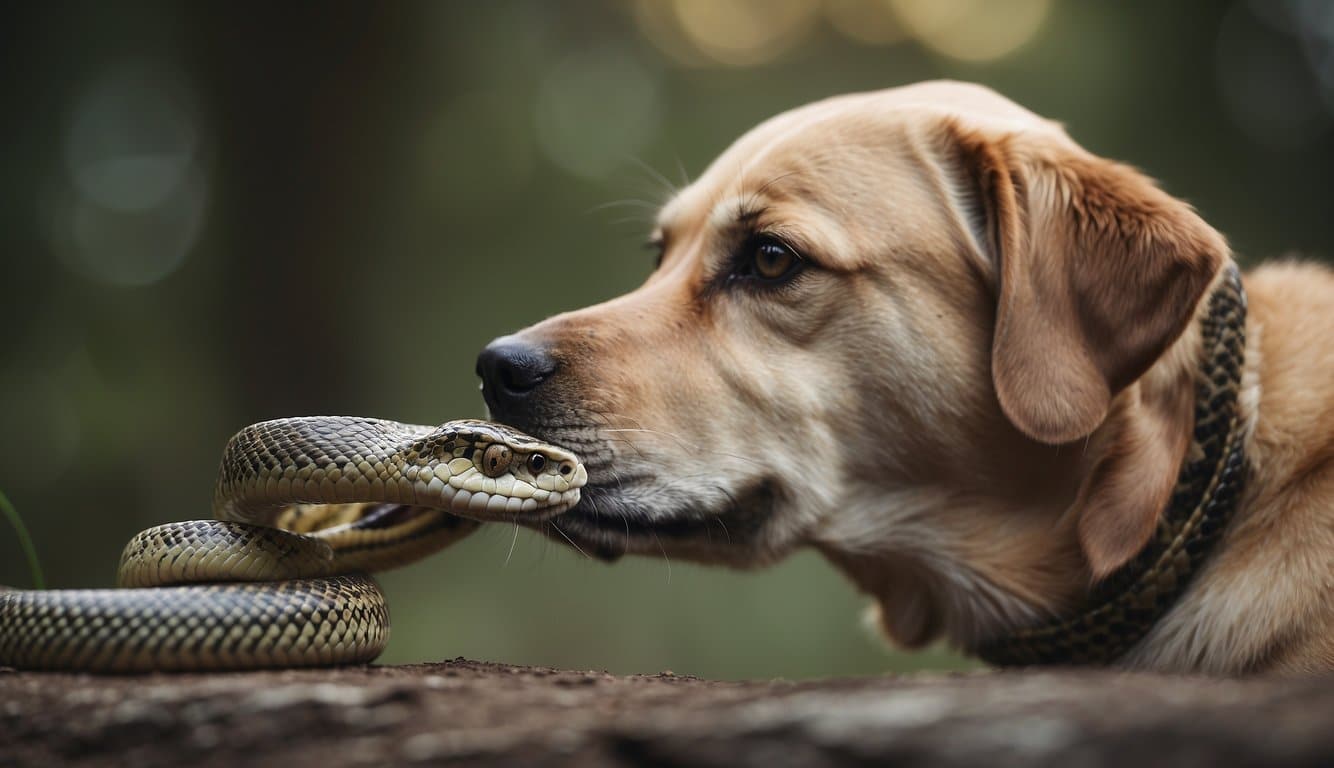 A dog and a snake facing each other, with the dog's ears perked up and the snake coiled and ready to strike