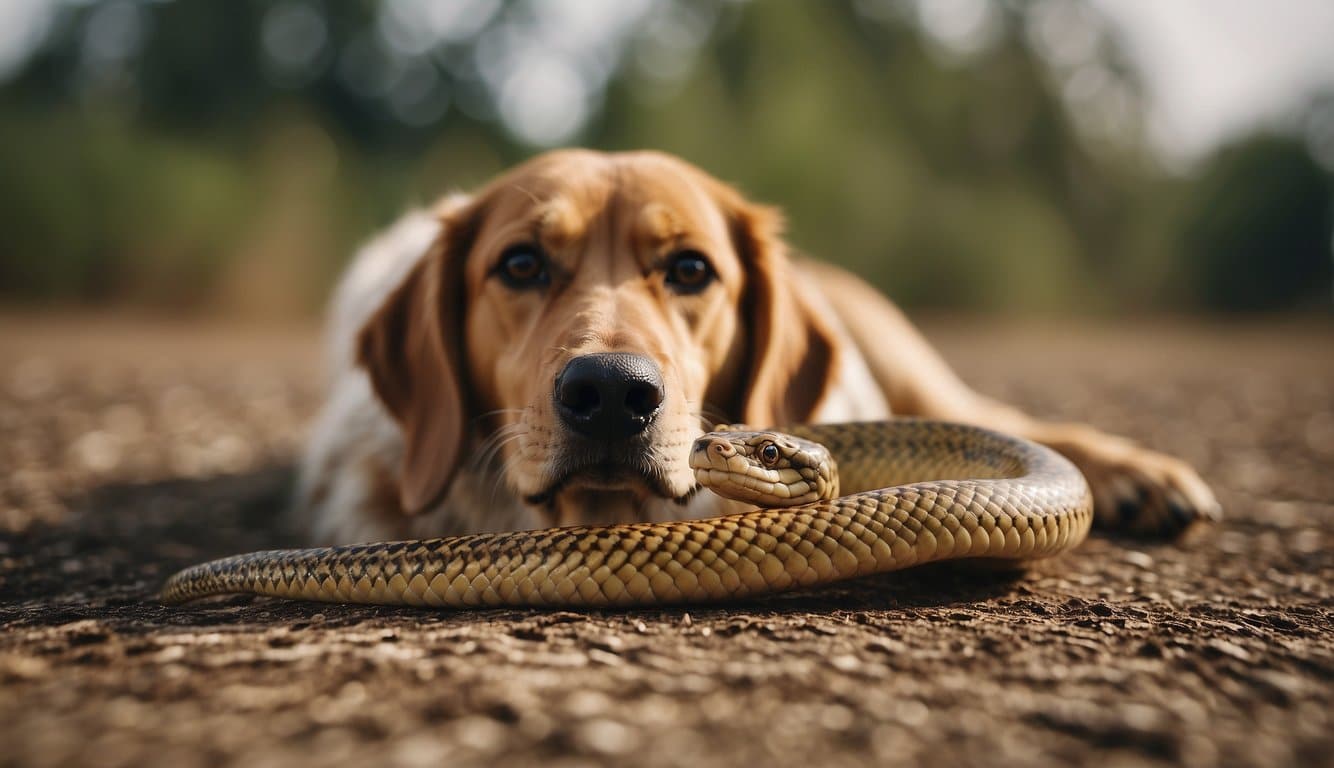 A dog bitten by a snake cowers from a sausage