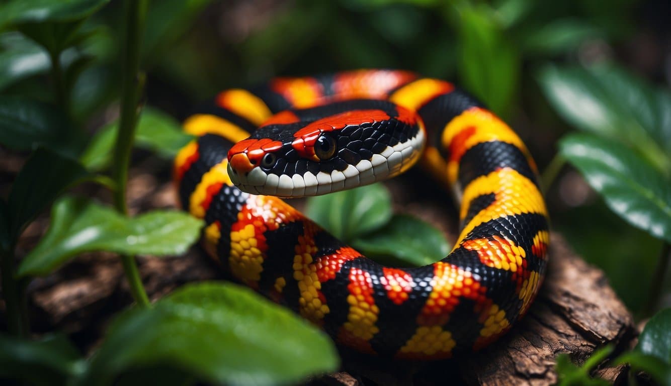 Cacique Cobra Coral: História E Significado 2 A coral snake slithers through a lush jungle, its vibrant red, black, and yellow scales glistening in the sunlight
