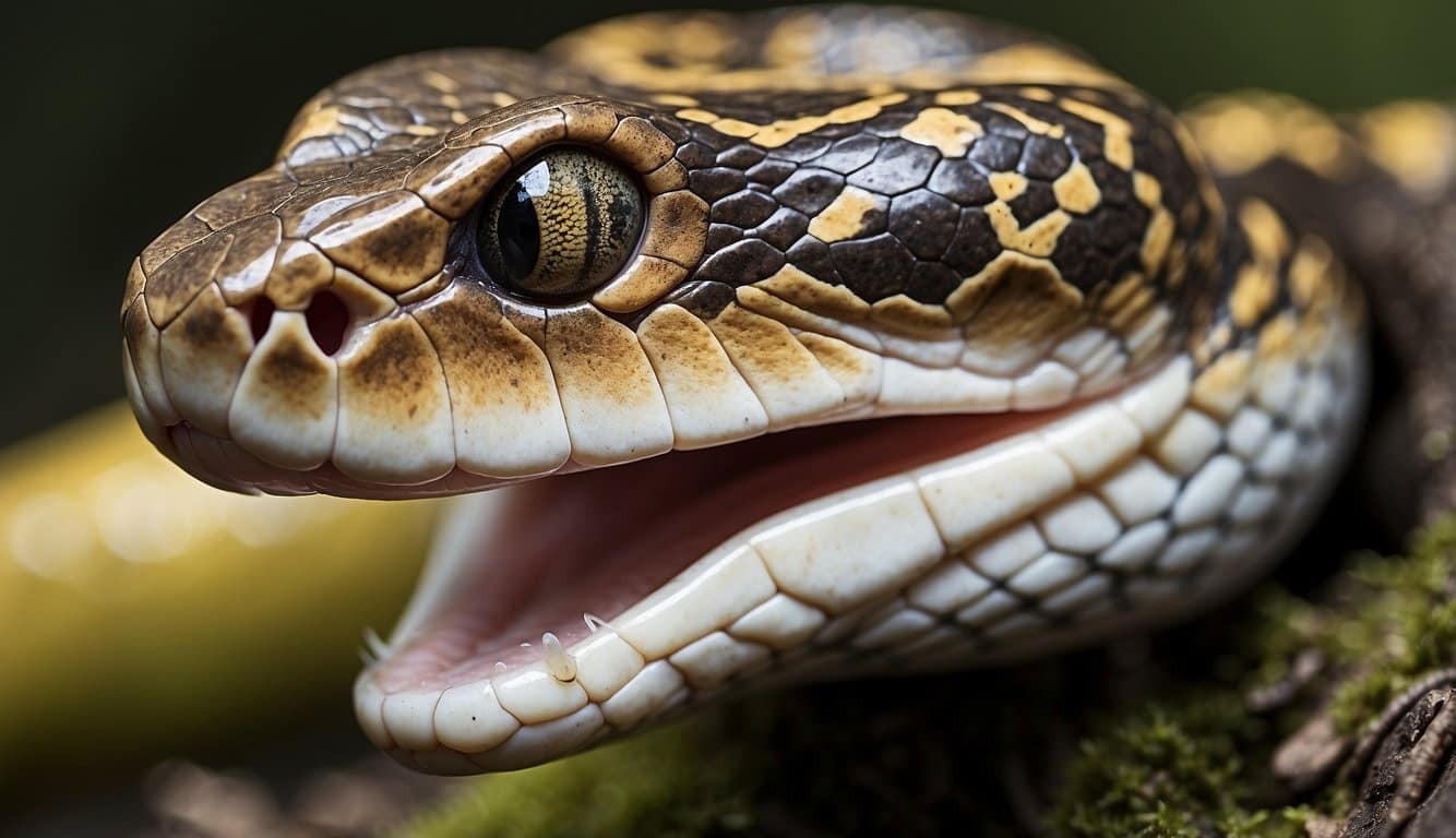A snake's anatomy and physiology, showing its long, slender body, forked tongue, and scales