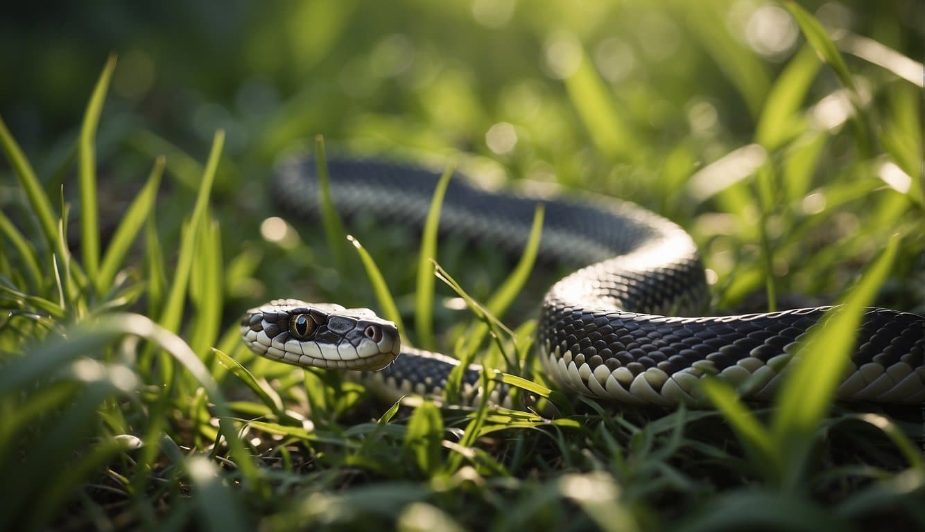 A snake slithers through the grass, its scales glistening in the sunlight. Its body is long and slender, with a pattern of dark and light markings