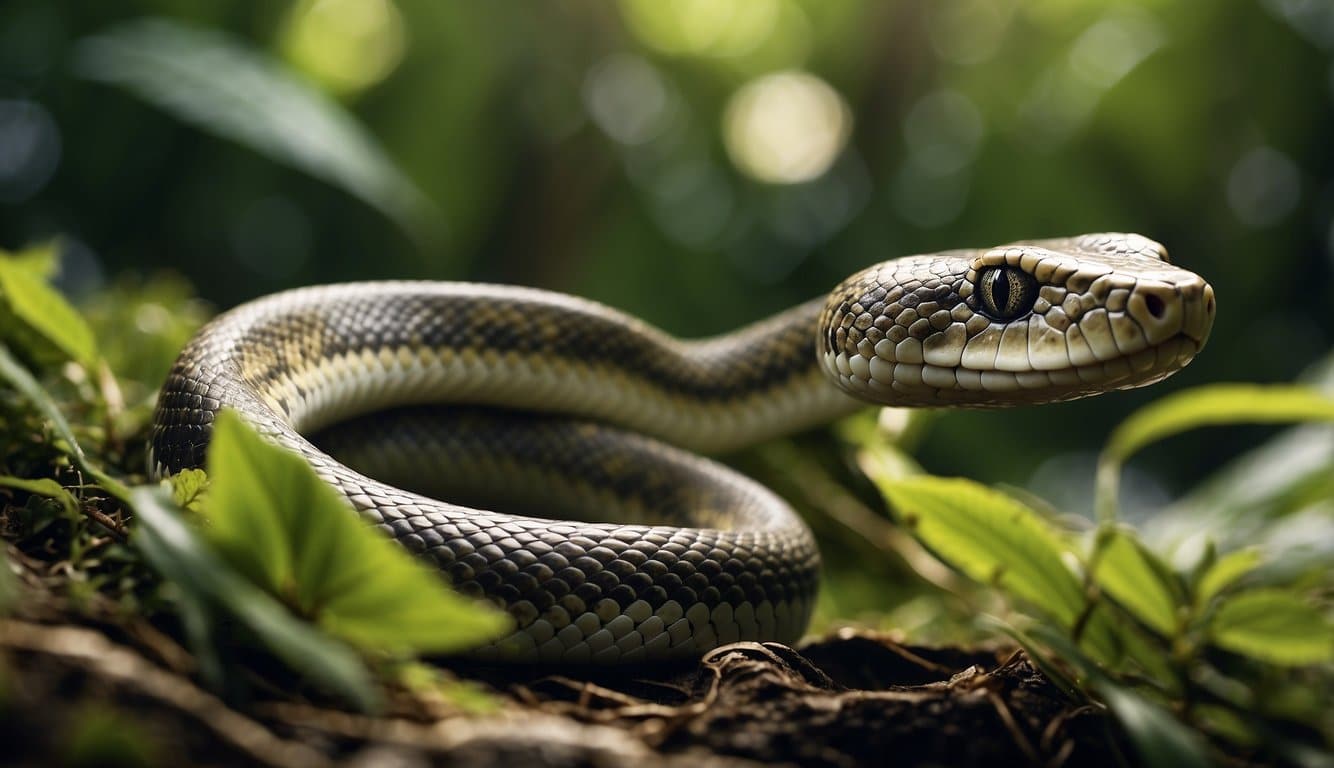 Cecilia Cobra: Quem É Esta Misteriosa Cobra? 2 Cecilia the snake slithers through a lush, tropical jungle, her scales glistening in the sunlight as she moves gracefully across the forest floor