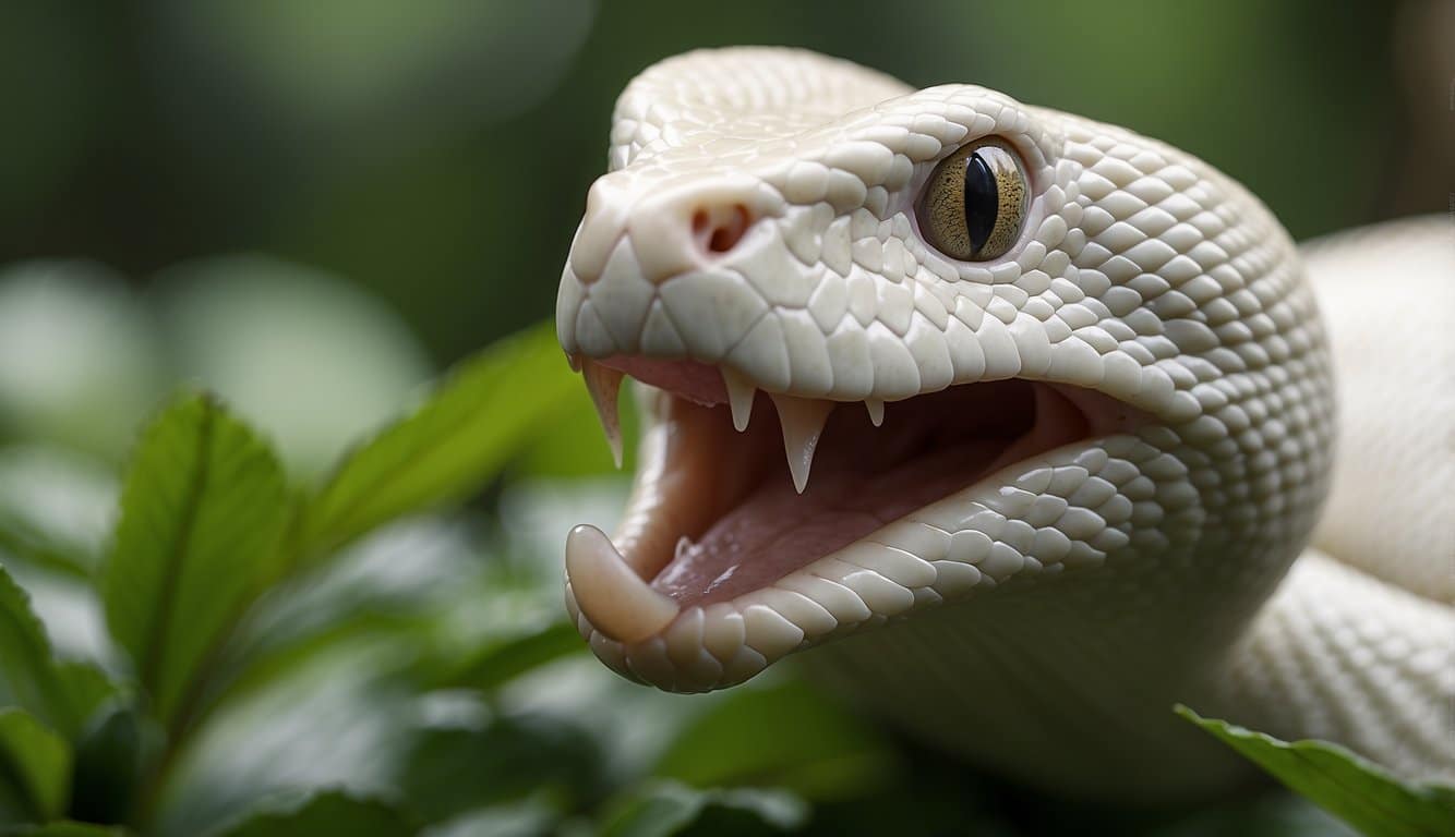 An albino cobra slithers through a lush green jungle, its tongue flicking out to taste the air as it searches for its next meal