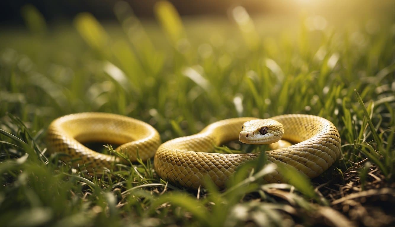 A yellow and white cobra slithers through a grassy field, its scales glistening in the sunlight