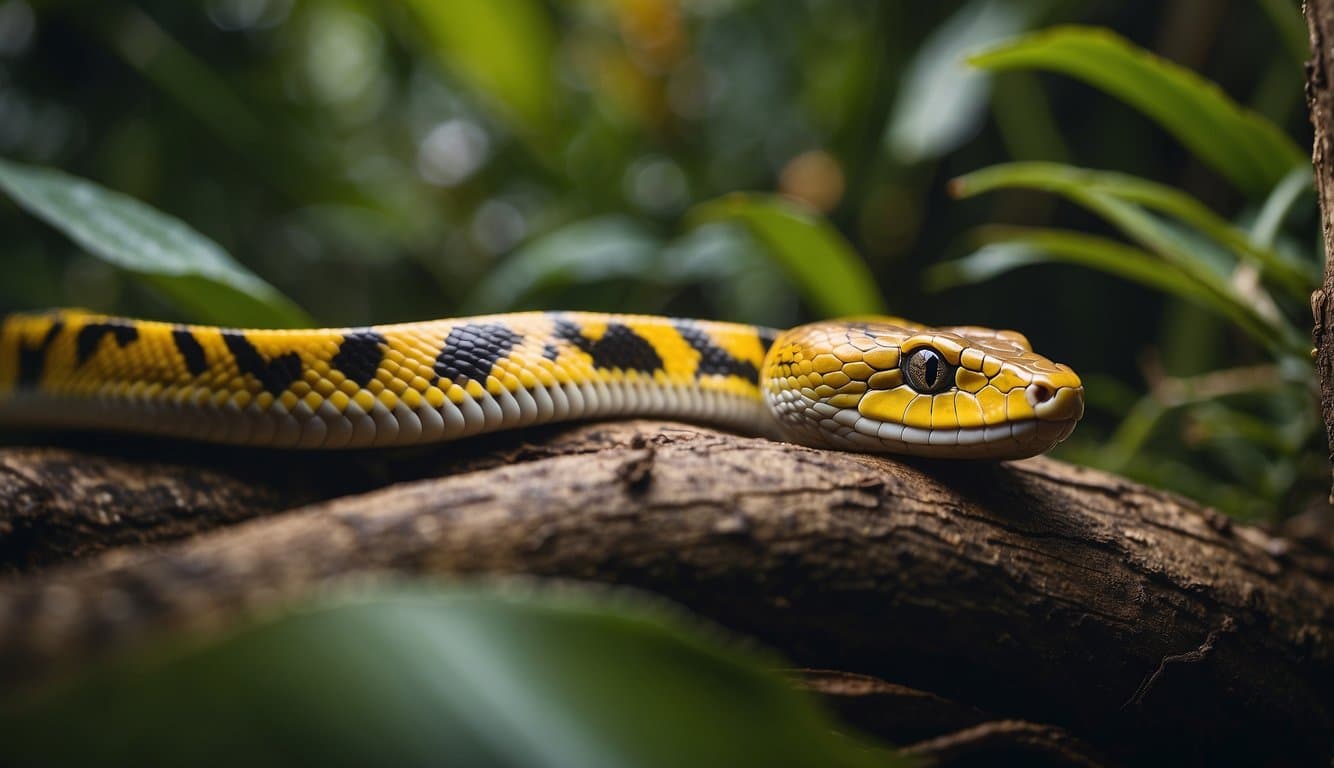 A yellow snake with distinctive markings slithers through the dense jungle, its venomous nature evident
