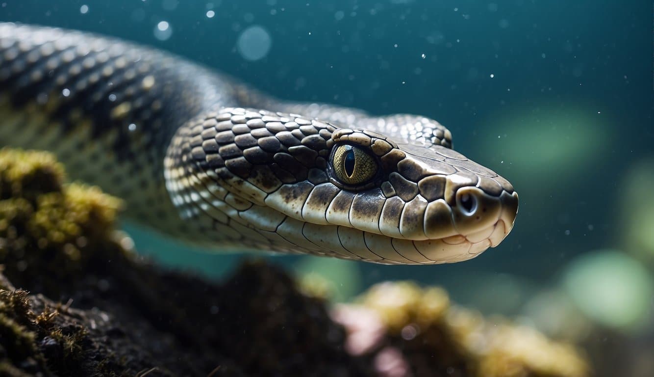 An aquatic snake with sleek, scaled skin glides through crystal-clear water, its sinuous body undulating gracefully