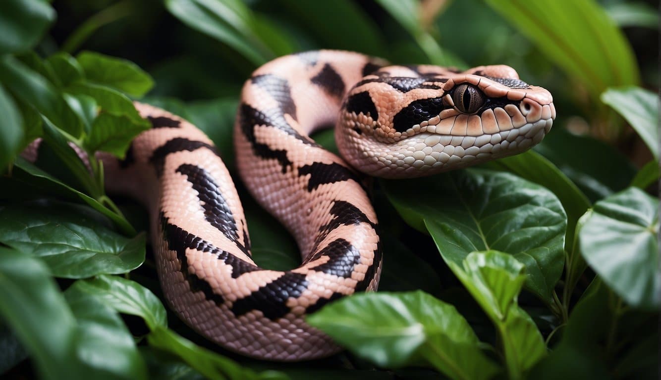A pink boa constrictor slithers through lush green foliage, its scales glistening in the sunlight