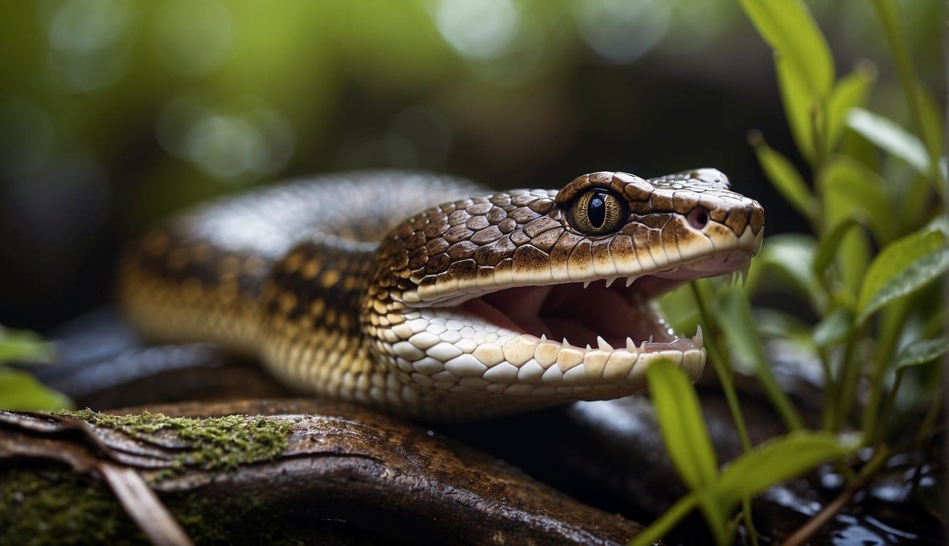 A cottonmouth snake slithers near a swamp, showing its distinctive white mouth and dark, patterned scales