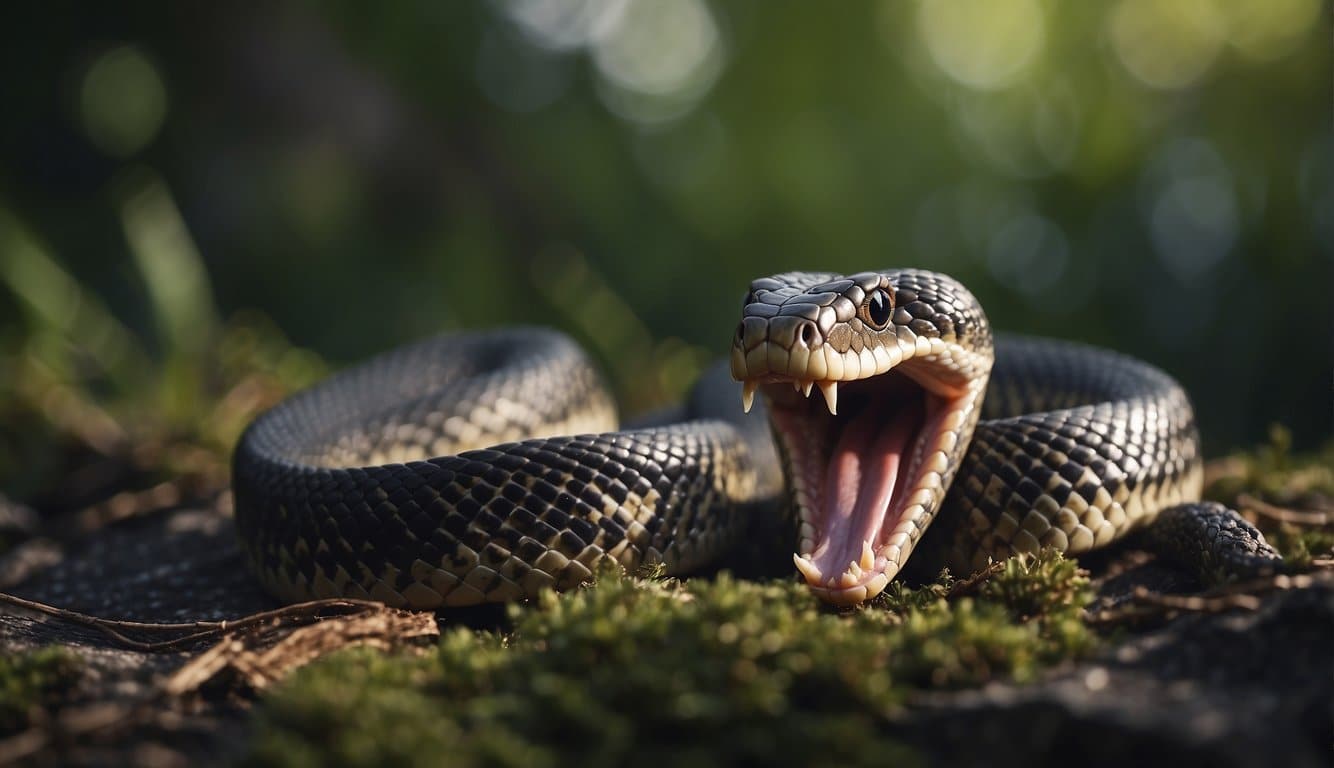 A snake with a wide open mouth, fangs visible, ready to strike