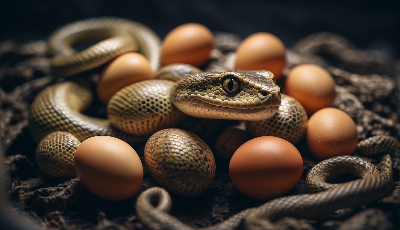 A snake coils around a clutch of eggs or gives birth to live young, illustrating the biology and reproduction of snakes