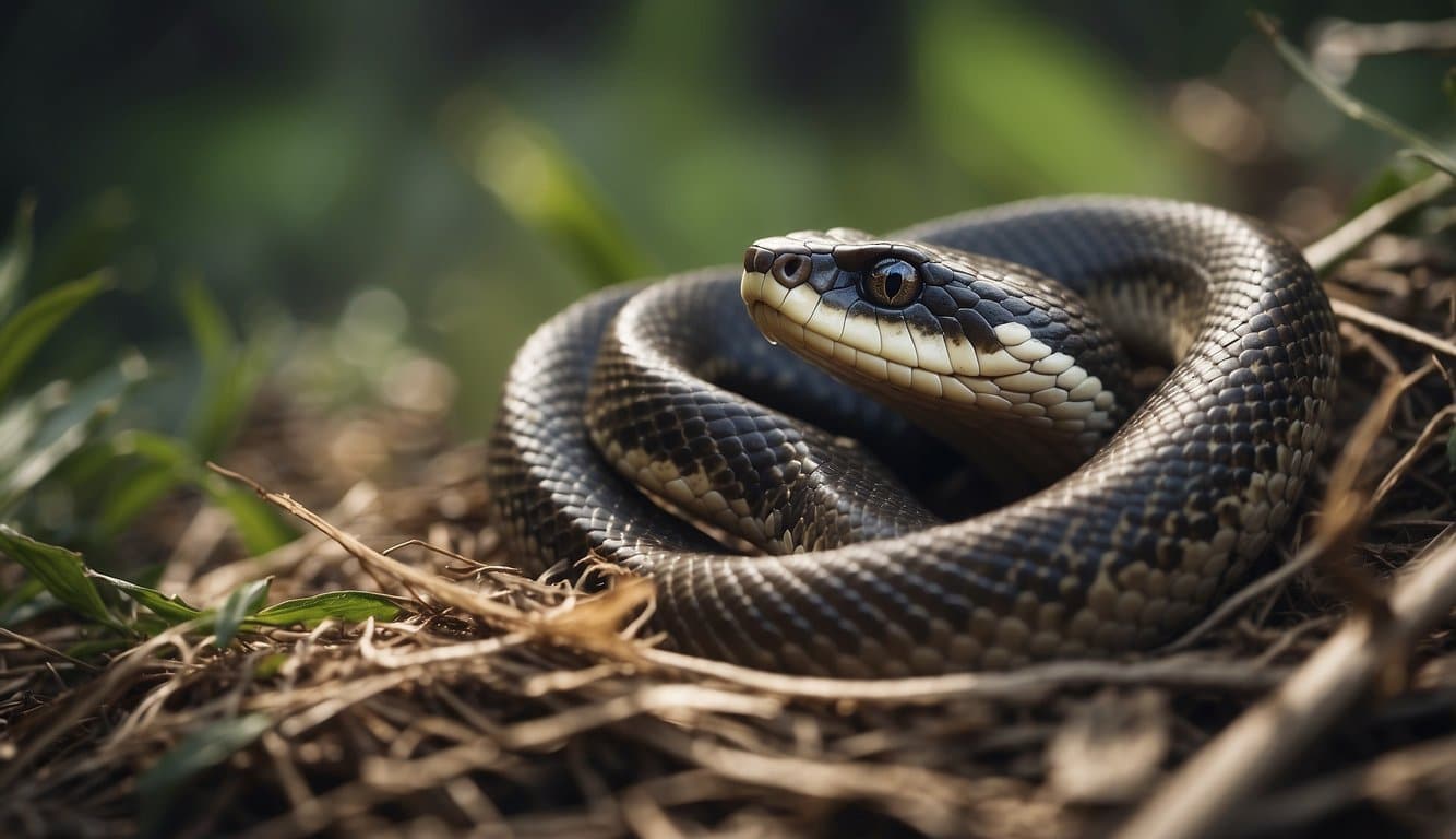 A snake emerges from a nest and begins to lay eggs