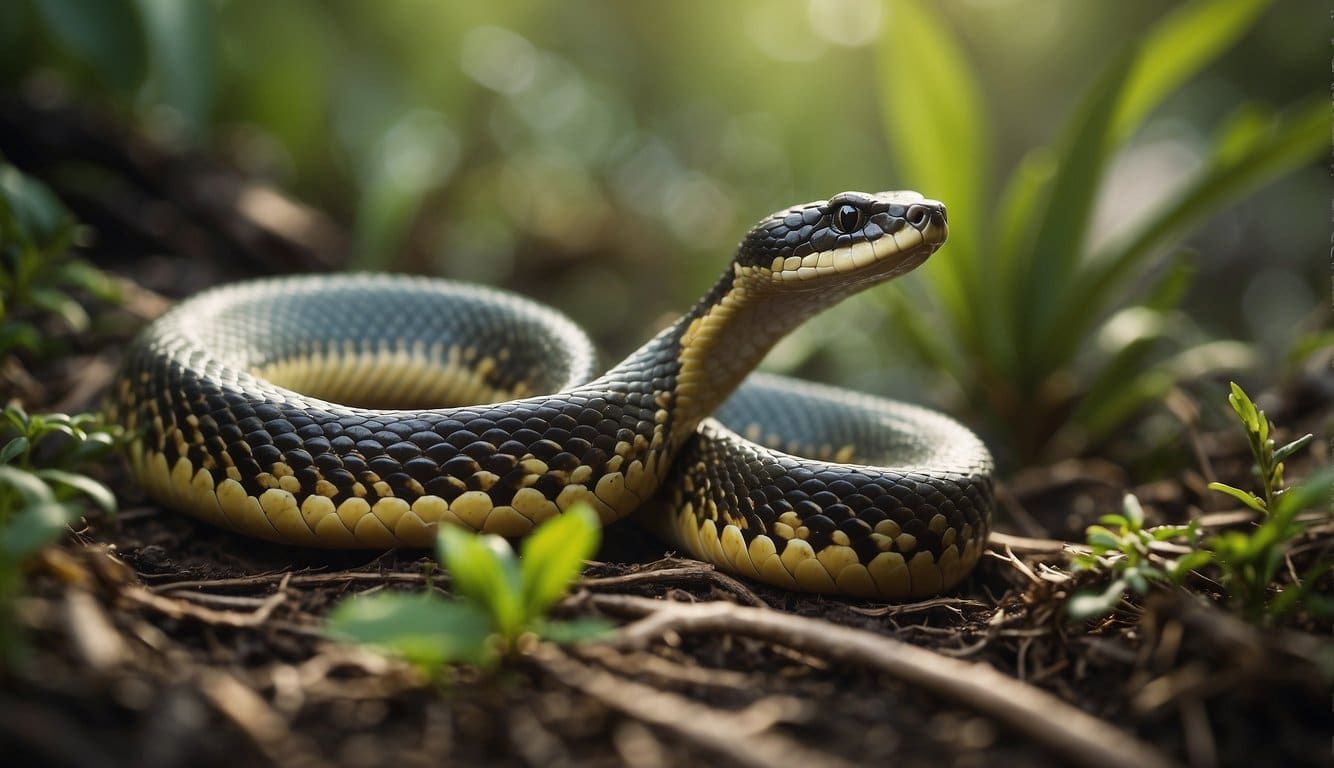 A caiçara snake slithers through coastal vegetation, hunting for prey and blending into its surroundings with its green and brown scales