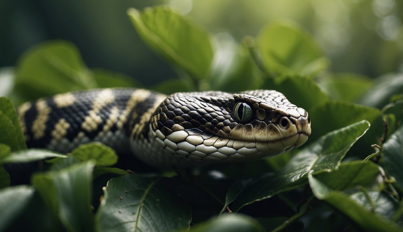 A camouflaged snake blends into the leaves, its scales matching the green foliage. It lies still, waiting for prey to pass by