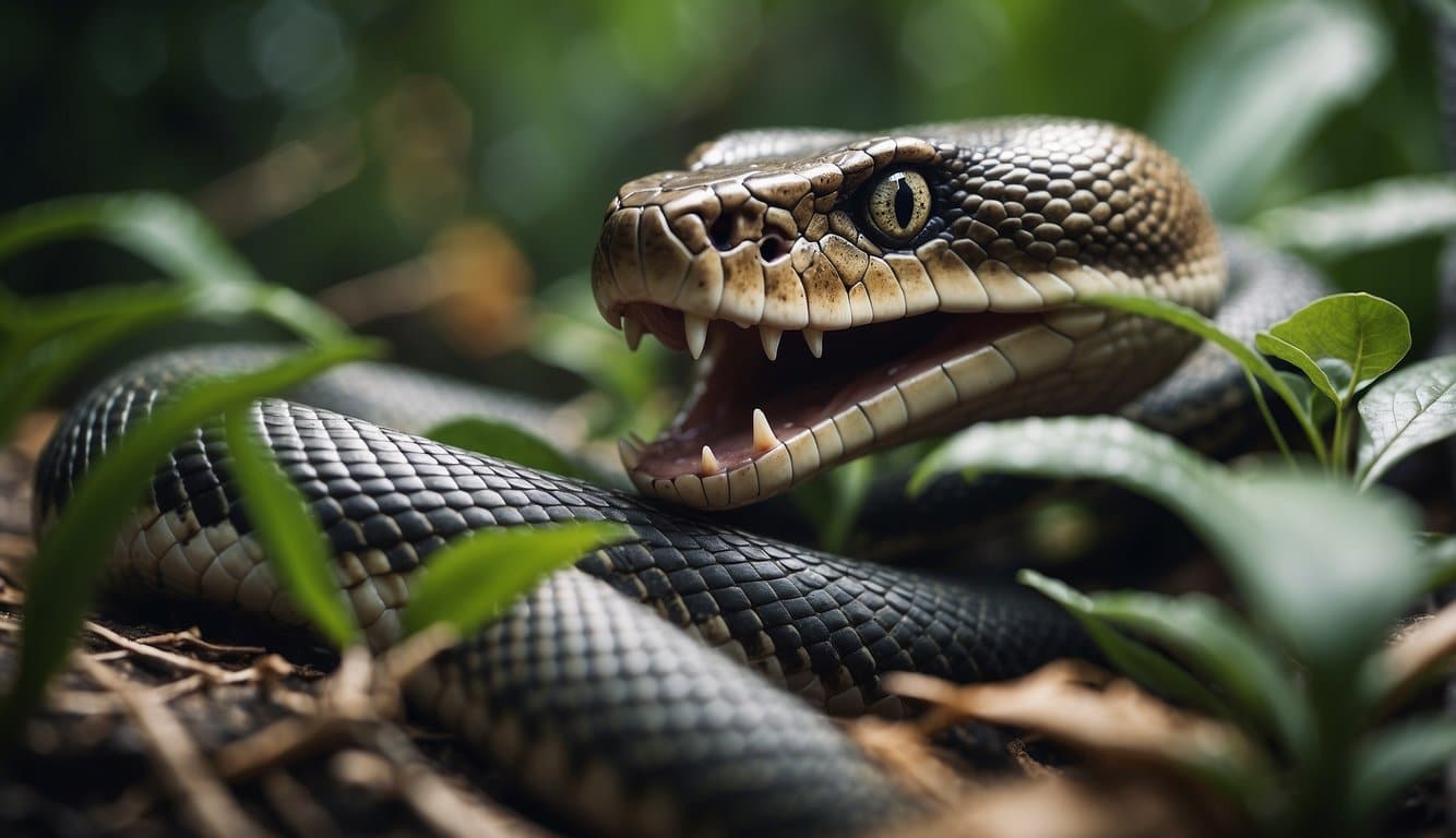 Cobra Canibal: Conheça O Comportamento Alimentar Das Cobras Predadoras 2 A large snake devouring a smaller snake in a jungle setting