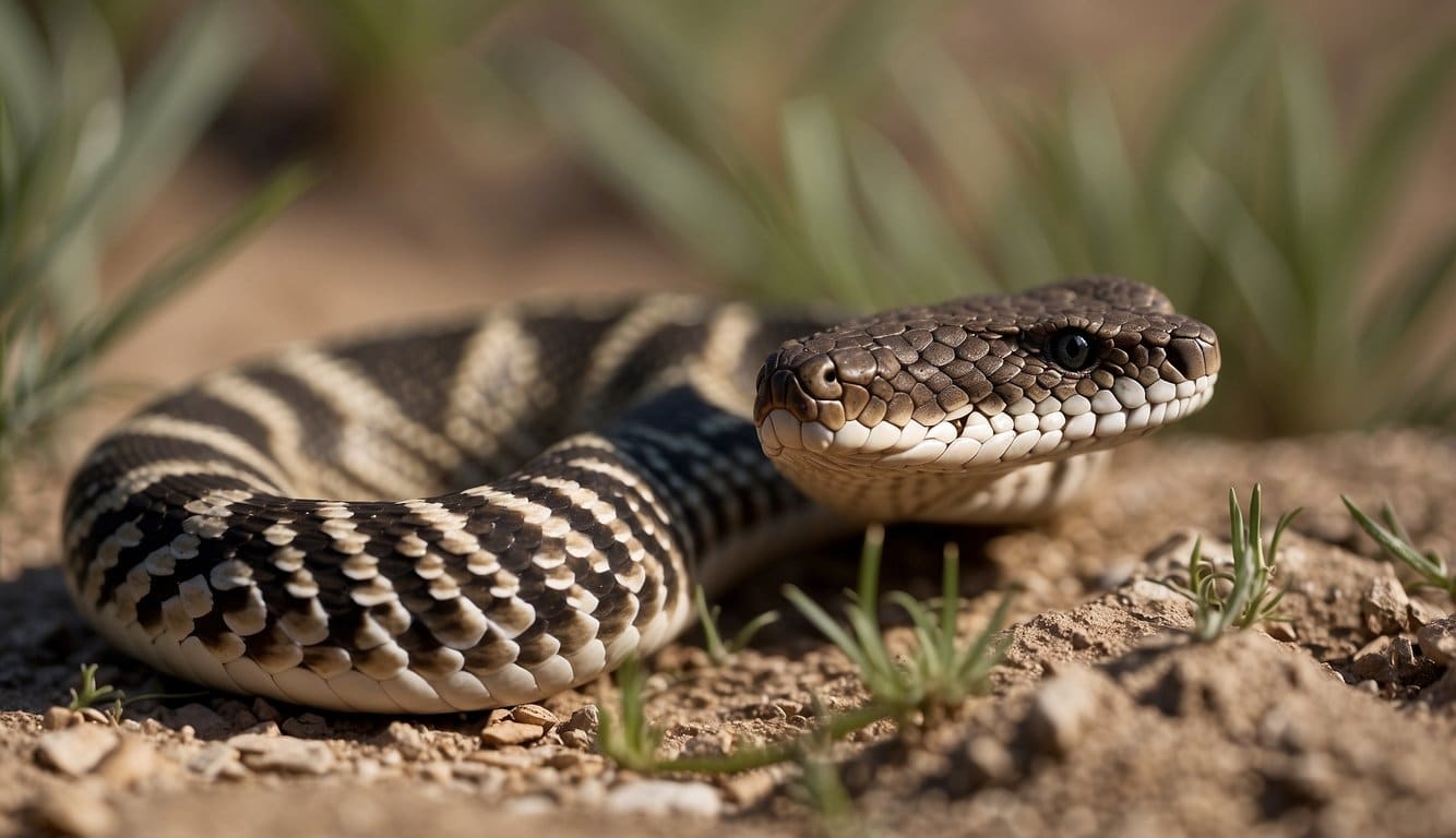 A rattlesnake slithers through dry brush, its distinctive rattle sounding a warning to potential threats