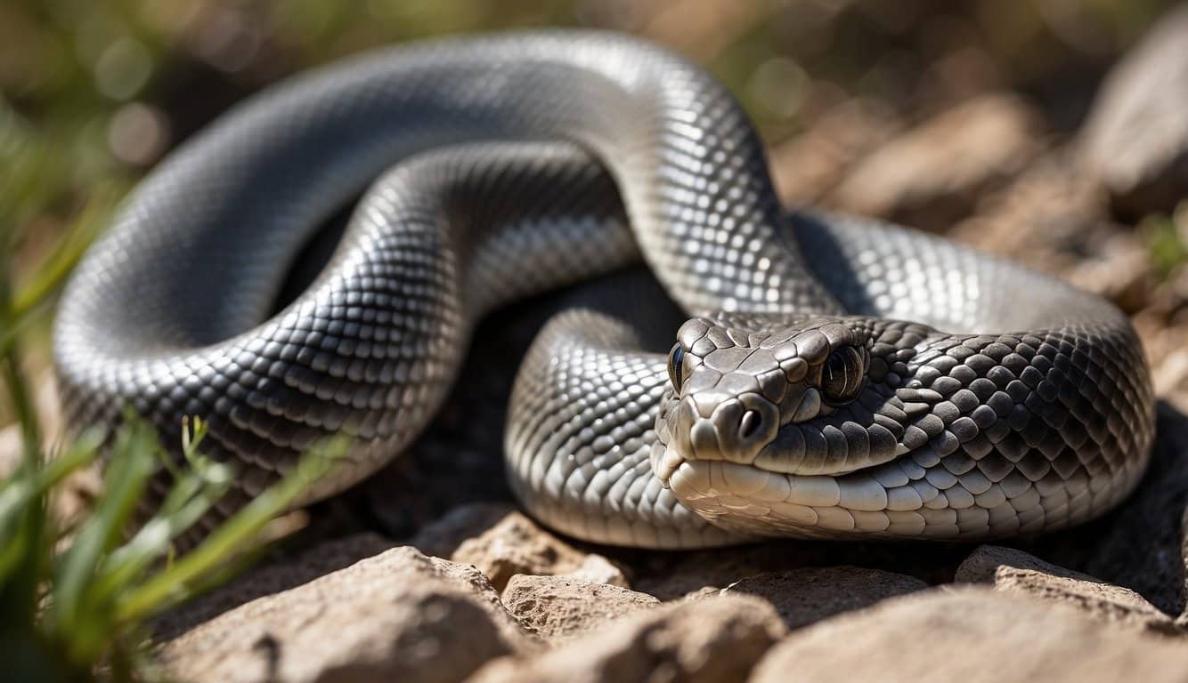 A grey snake with a white belly slithers through a rocky terrain, its scales glistening in the sunlight