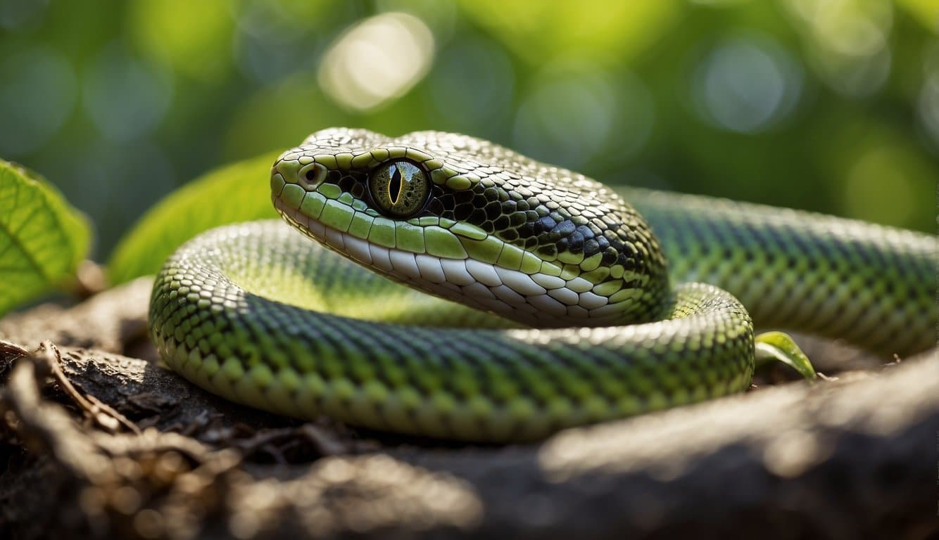 A green vine snake slithers through the dense foliage, its vibrant scales glistening in the sunlight. It flicks its tongue as it hunts for prey, its venomous nature evident in its confident movements