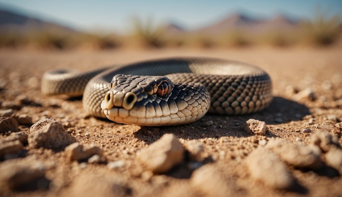 A horned snake slithers through a dry desert landscape, blending into the sandy terrain with its earthy coloration and sharp, curved horns protruding from its head