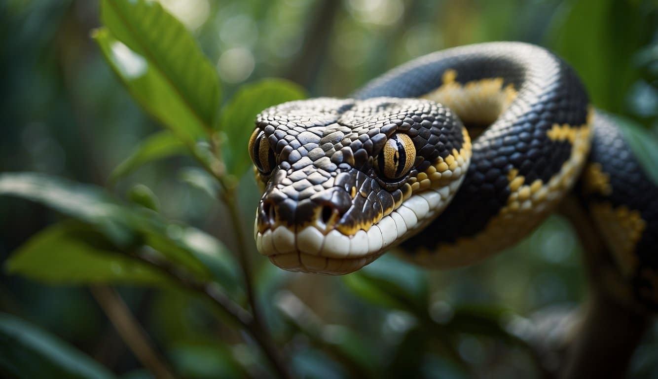 A snake with a cross on its forehead, coiled on a tree branch in a jungle setting