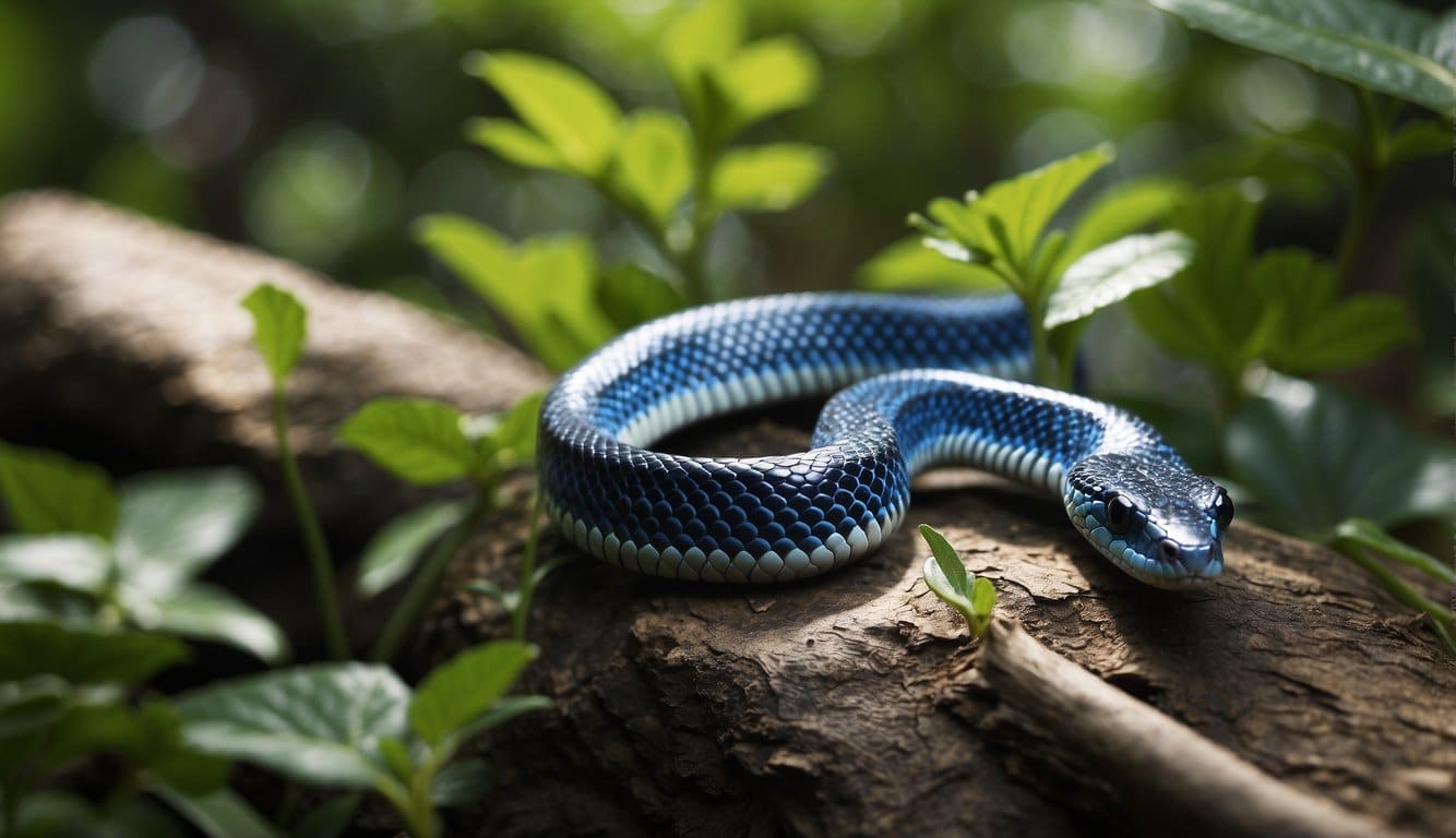 Cobra Coral Azul: Conheça A Espécie E Suas Características 2 A blue coral snake slithers through lush green foliage, its vibrant scales shimmering in the dappled sunlight