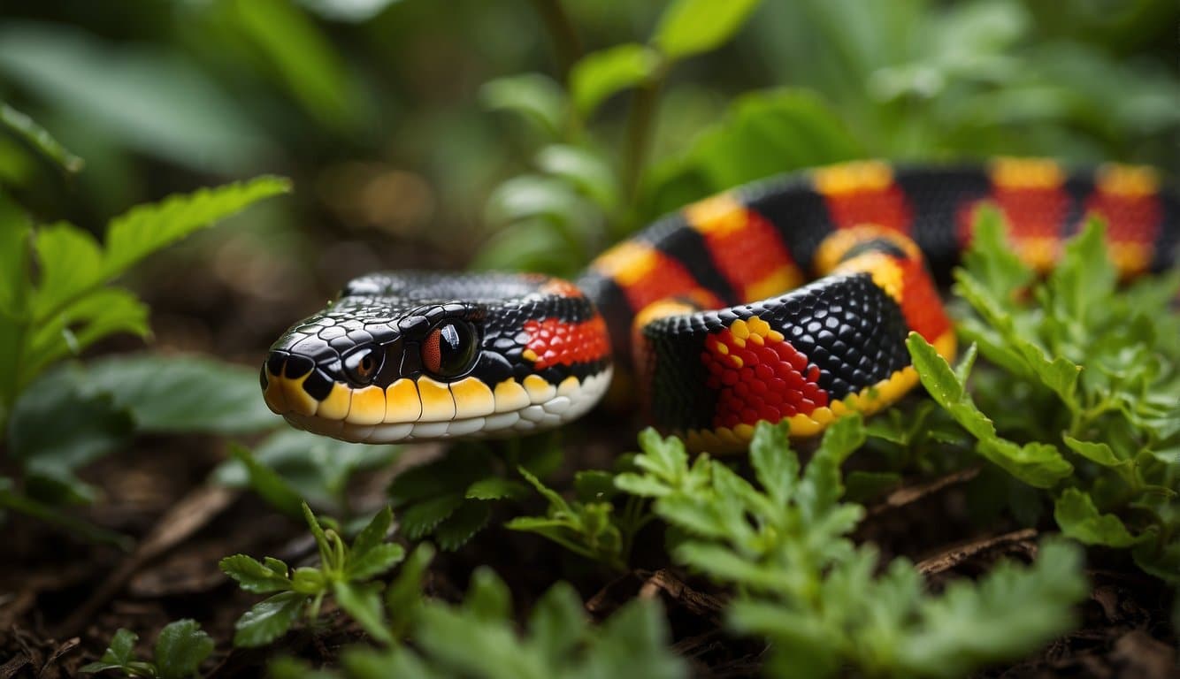 A false coral snake slithers through the vibrant green underbrush, its red, black, and yellow bands standing out against the foliage