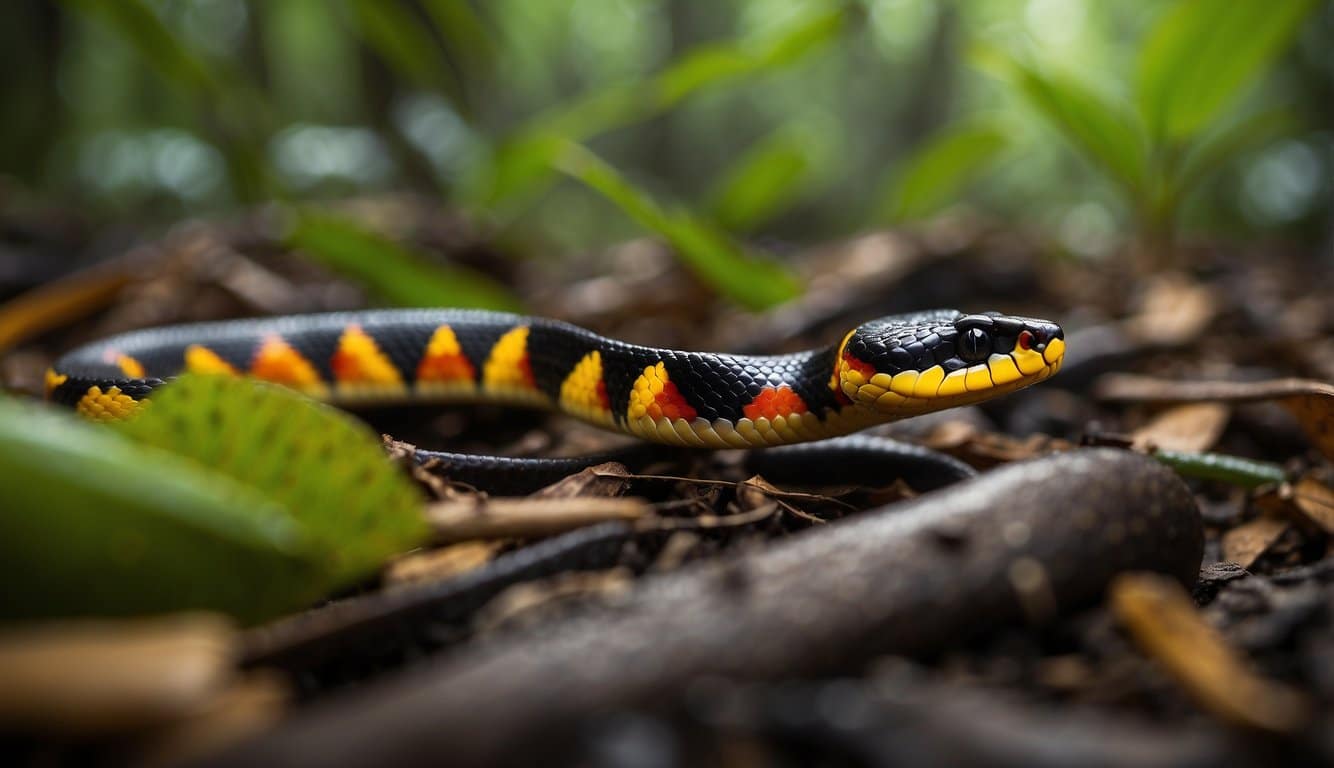 A baby coral snake slithers through fallen leaves in a dense tropical forest, showcasing its vibrant red, black, and yellow stripes
