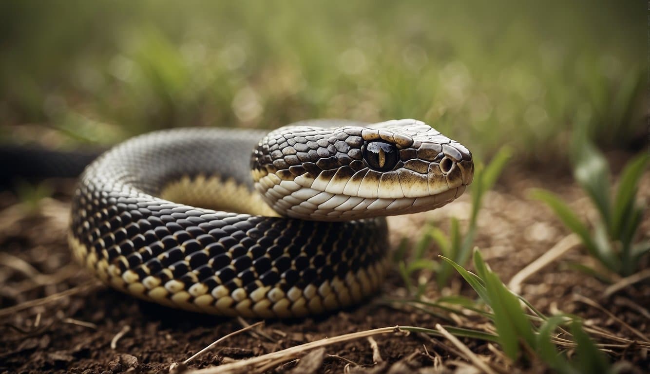 A dangerous snake slithers through a field, displaying aggressive behavior in its natural habitat