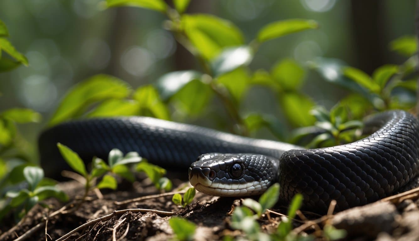A black racer snake slithers through the underbrush, its sleek body glinting in the sunlight