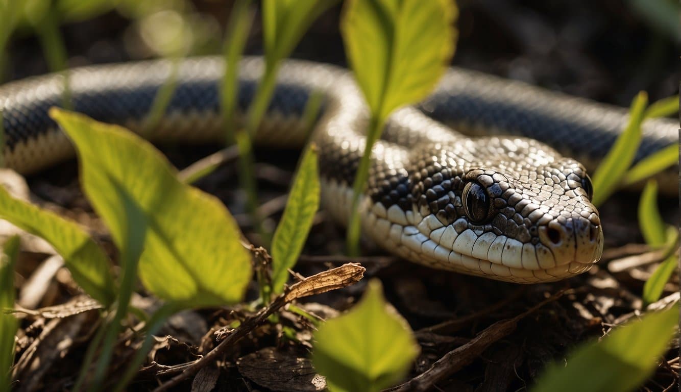 A baby fer-de-lance snake slithers through the underbrush, its distinctive cross-shaped markings shining in the dappled sunlight