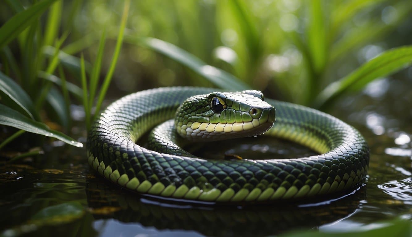 A green water snake slithers through a lush, tropical marsh habitat